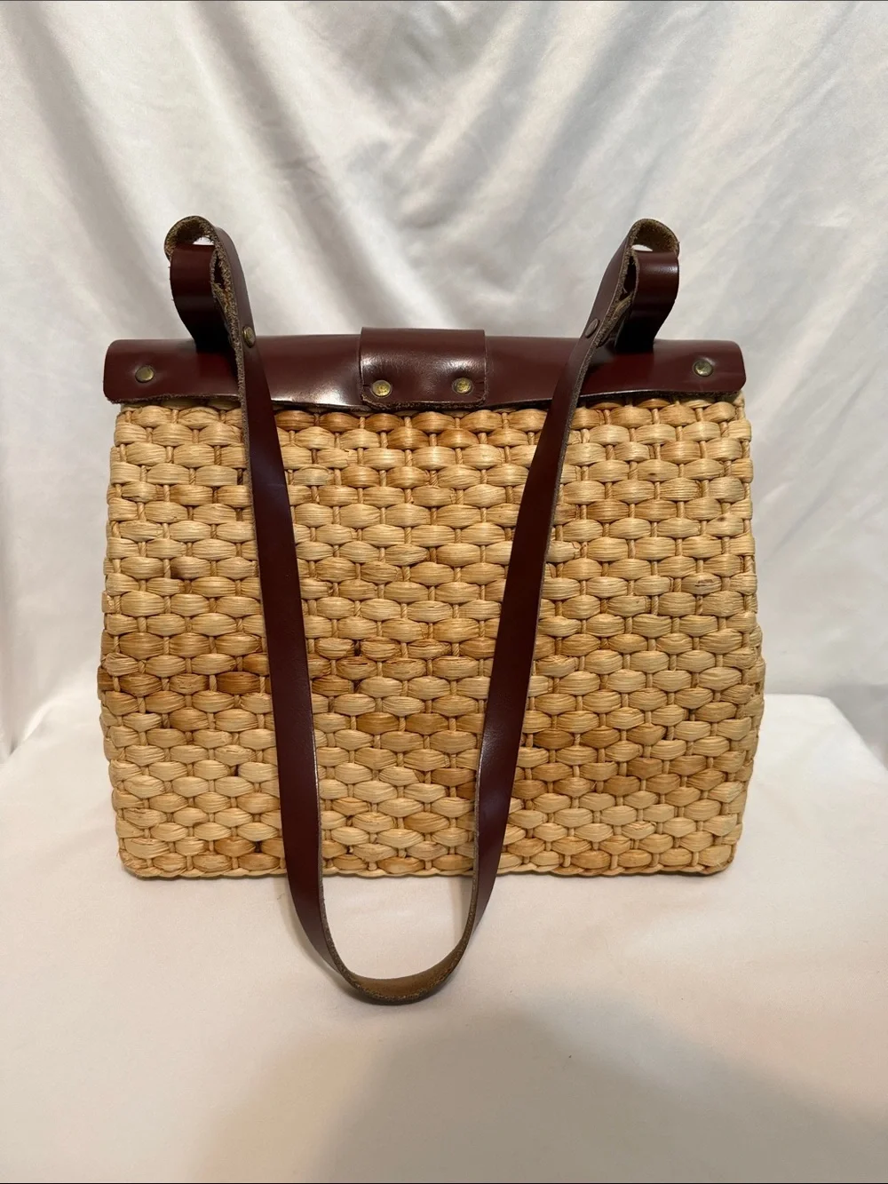 Woven Straw Tote with Brown Leather Top and Strap
